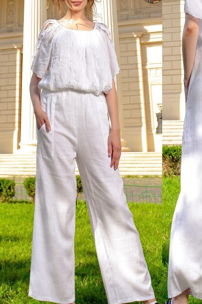 Pantaloni lungi din in - albi