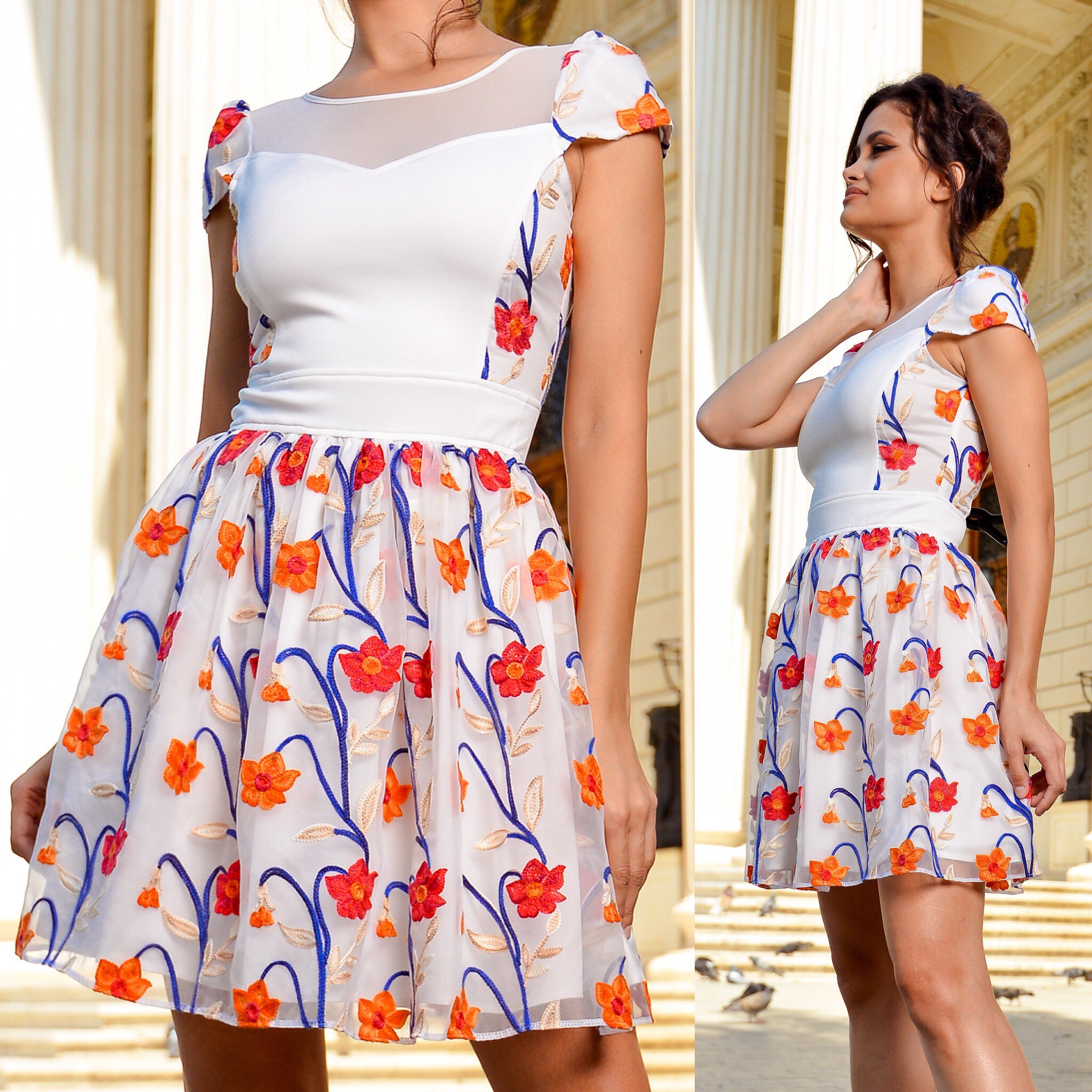 Rochie de ocazie alba clos - brodata