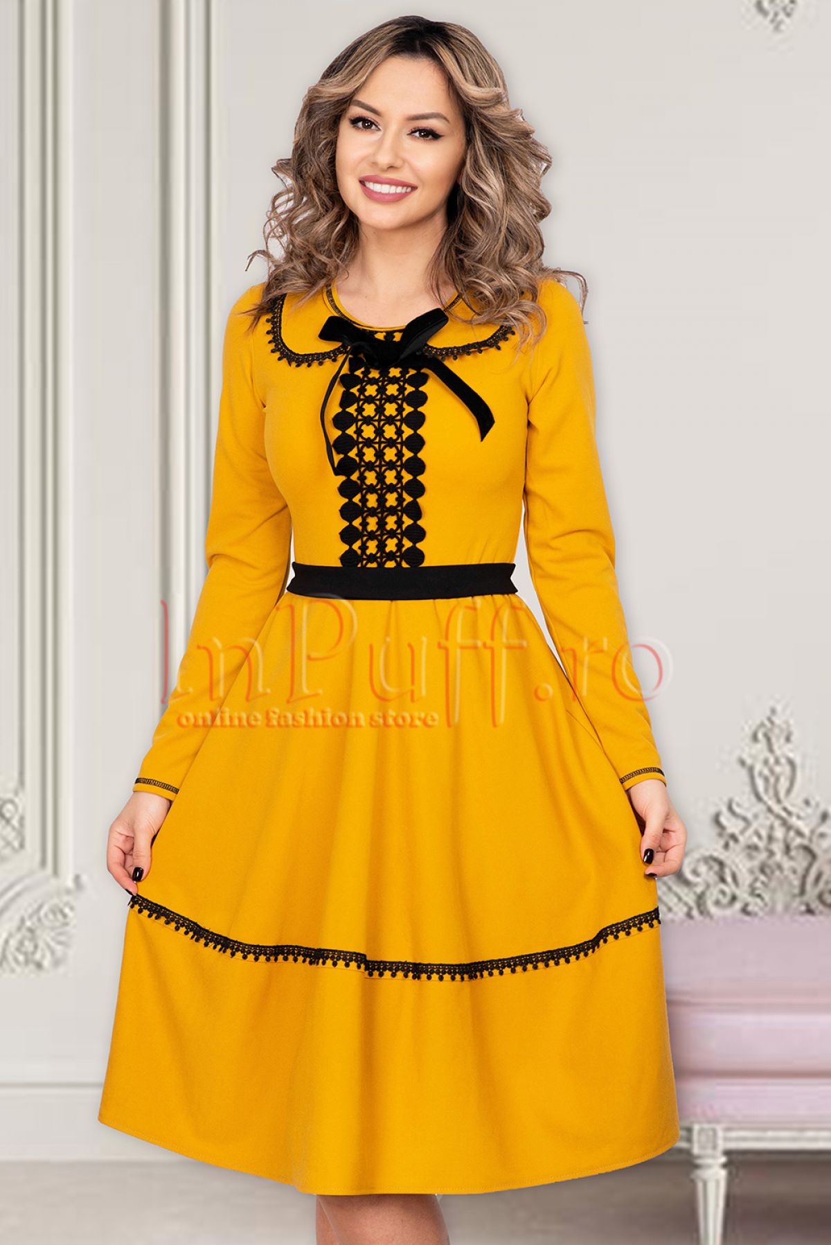 Rochie de zi galben - mustar cu insertii negre